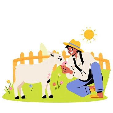 A loving farmer with a straw hat is crouching down to feed a two-headed calf. The farmer has a warm smile on his face, showcasing his affection for the unique animal. The calf has two adorable heads, each with bright eyes and soft fur. The setting includes a green grassy field with a wooden fence in the background, and a few colorful wildflowers dotting the landscape. A bright sun shines above, illuminating the scene with a cheerful ambiance.