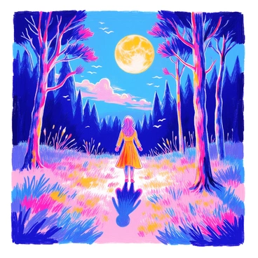 A figure stands in a clearing illuminated by the bright light of a "full moon" in the night sky. The figure is in the midst of transformation, with limbs stretching and features shifting. "A shadowy forest" surrounds the clearing, filled with tall, dark trees that appear to loom in the background. The ground is covered in soft grass, bathed in the moonlight, which creates an ethereal glow. Wisps of mist rise from the forest floor, adding an air of mystery to the scene.