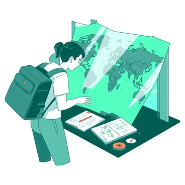 A teal traveler is standing at a wooden table, intently examining a large world map spread out before them. The map is detailed, featuring various countries and cities marked with colorful pins. The traveler is wearing a light backpack and has a notebook open next to the map, with notes and sketches visible. Sunlight streams in from a nearby window, casting soft shadows across the map. On the table, there is also a small orange compass next to the map, emphasizing the travel theme. The traveler has a focused expression, reflecting their excitement about planning the next adventure.