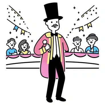 A circus ringmaster, wearing a red tailcoat with gold accents and a tall black top hat, stands confidently in the center of the ring. He has a mustache and is holding a microphone in one hand. The ring is surrounded by colorful banners and bright lights. The audience can be seen in the background, eagerly watching the performance.