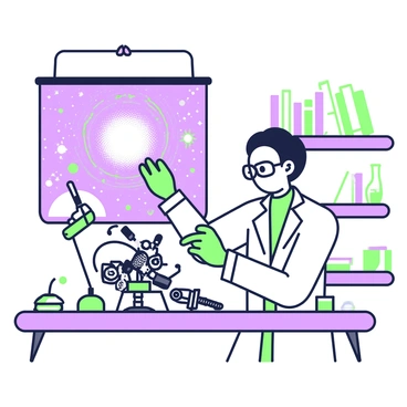 A professor with glasses and a lab coat is focused on repairing a small robot on a workbench. The robot has intricate mechanics with visible gears and wires. The professor is using a screwdriver with one hand, while the other hand delicately holds a component. Above the robot, a hologram is projected, depicting a distant galaxy filled with swirling stars and celestial bodies. The galaxy's vibrant details are captured in the hologram, contrasting with the workspace. The background features shelves filled with scientific books and tools, enhancing the atmosphere of a research environment.