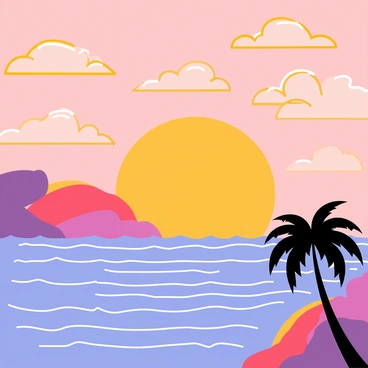 The ocean with gentle waves displaying a variety of vibrant colors, including pink, orange, and purple, reflecting the hues of a tropical sunset. The sky is filled with fluffy clouds, each outlined in shades of gold and crimson. In the foreground, a silhouette of a palm tree leans slightly towards the water, adding to the tropical atmosphere. Small ripples on the surface of the ocean mirror the colorful scene above, creating a harmonious blend of nature's beauty.