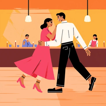 A couple salsa dancing with passion in a cozy club. The club features warm wooden floors and low-hanging dim lights casting a soft glow. The couple is in the center of the dance floor, with the woman wearing a red dress that flows elegantly as she dances. The man is in a fitted white shirt and black pants, displaying focused expression and strong posture. Around them, small tables with flickering candles and a few patrons watching the performance create an intimate atmosphere. The couple's movements convey energy and connection, encapsulating the rhythm of the salsa dance.