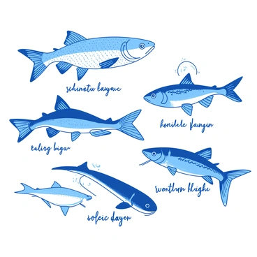 A duotone illustration featuring a variety of fish species swimming in a natural position. The fish are depicted with intricate details including scales, fins, and distinct body shapes. Each fish is labeled with its "scientific name" in elegant script beneath it. The overall background supports the fish in a contrasting texture, enhancing the visibility of the species while maintaining a harmonious look across the illustration.