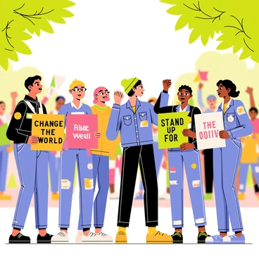 A group of five young activists stands together at a rally, each holding colorful posters with messages like "Change the World" and "Stand Up for Justice." They are animatedly discussing their ideas, with one person raising a fist in the air, showcasing enthusiasm. The setting includes a crowd of diverse people in the background, some waving flags and others clapping. The activists are dressed in casual clothing, with one wearing a bright green beanie and another sporting a denim jacket covered in patches. Sunlight filters through the trees overhead, creating a lively atmosphere filled with energy and purpose.