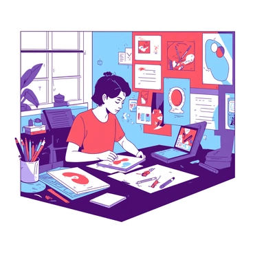 An illustrator is sitting at a large desk cluttered with colorful art supplies including markers, paints, and sketchbooks. The workspace is filled with printed examples of "eye-catching graphics" pinned to a corkboard behind them. There are vibrant posters on the walls featuring various designs in "red" and "blue". The illustrator, focused and inspired, is working on a digital tablet, with bright illustrations visible on the screen. A window lets in natural light, illuminating the scene and casting soft shadows across the workspace.