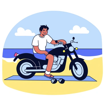 A motorcycle parked on the sandy beach near the ocean. The motorcycle is sleek and black with chrome accents, reflecting the sunlight. The rider is sitting on a beach towel, leaning back against the bike, wearing a casual t-shirt and shorts. Nearby, a pair of sunglasses rests on the warm sand, glinting in the sun. The ocean waves gently lap at the shore in the background, and the sky is clear with a few fluffy white clouds.