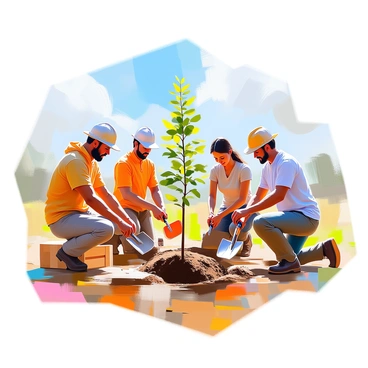 A group of diverse community members actively engaged in planting young trees in an open field. The individuals, featuring a mix of ages and ethnicities, are using shovels and their hands to dig holes for the saplings. Each person is dressed in casual, outdoor clothing suitable for gardening. The young trees are small but vibrant, with green leaves and sturdy trunks, prepared for planting. The clear blue sky stretches above, adding brightness to the scene, and the sun casts gentle shadows on the ground where they work. Nearby, a few gardening tools and wooden crates are visible, creating an atmosphere of teamwork and community effort.