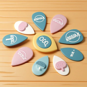 A collection of vintage guitar picks from the 1960s arranged on a wooden surface. Each pick has unique logos and vibrant colors, showcasing a variety of designs. Some picks are shaped traditionally, while others have interesting contours. The lighting highlights the glossy finishes of the picks, emphasizing their distinctiveness and age. Each logo features iconic symbols and lettering typical of the era, creating a nostalgic atmosphere.