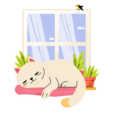 A cozy cat with fluffy fur is curled up, peacefully napping on a soft cushion. The window beside it is wide open, allowing warm sunlight to stream in, casting gentle rays across the cat. Potted plants sit on the windowsill, with green leaves reaching towards the light. Outside the window, a clear blue sky is visible, with a few wispy clouds floating peacefully. A small bird is perched on the sill, looking curiously at the cat. The scene conveys a sense of warmth and tranquility.