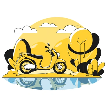 A motorbike is parked on the edge of a calm lake, its sleek design visible in the reflection on the water's surface. The lake is surrounded by lush green plants and trees, creating a serene atmosphere. Above, a clear sky stretches out, with a few fluffy white clouds scattered throughout. The sunlight glints off both the motorbike and the water, enhancing the details in the scene.