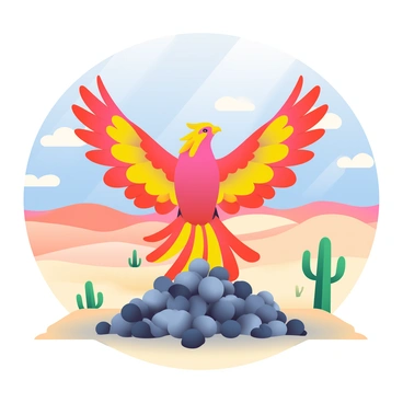 A magnificent phoenix with vibrant red and gold feathers is rising majestically from a pile of gray ashes. The bird's wings are fully extended, capturing the sunlight and showcasing intricate details in its plumage. Surrounding the phoenix is a vast desert landscape, characterized by rolling sand dunes that stretch to the horizon. In the background, a bright blue sky contrasts with the warm earth tones of the desert. Sparse green cacti are scattered across the sand, adding a hint of life to the scene. The air is clear and the light casts sharp shadows on the ground, emphasizing the form of the phoenix.