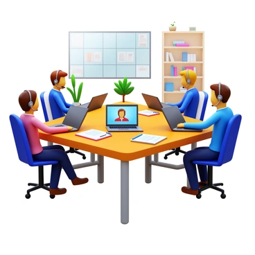 Colleagues engaged in a virtual meeting are sitting at their desks. Each person has a laptop open in front of them. One colleague is speaking animatedly, while others are listening attentively. Each individual has a headset on, indicating an online discussion. The room has a modern feel, with plants and bookshelves visible in the background. There are various documents and notebooks scattered on the desks, showing they are working diligently on the project. The screen on each laptop displays a grid view of the virtual meeting participants.