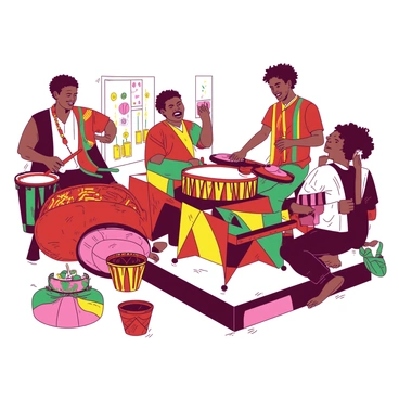 A band playing instruments like the djembe and marimba at a Kwanzaa event