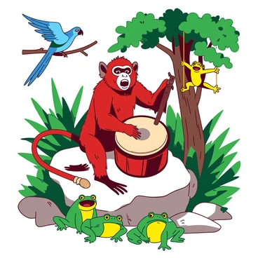 A red baboon is energetically playing a handmade drum with its hands, positioned on a large rock in the heart of a lush jungle. Surrounding the baboon are various jungle animals, including a blue parrot perched on a nearby branch, a yellow monkey swinging from the tree, and a group of green frogs hopping excitedly at the base of the rock. The animals are all cheering, creating an atmosphere of celebration and joy in the vibrant jungle setting. The drumming resonates through the trees, with leaves rustling gently in the background.