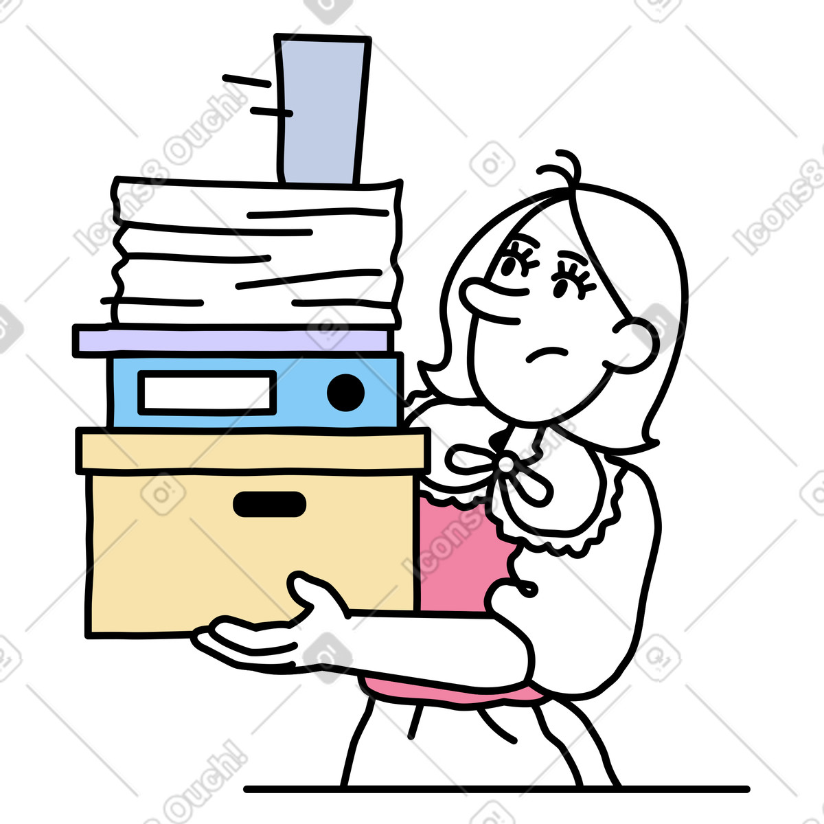 Junge frau trägt kiste und stapel von akten-Illustration im Notes-Stil als Download in PNG, SVG