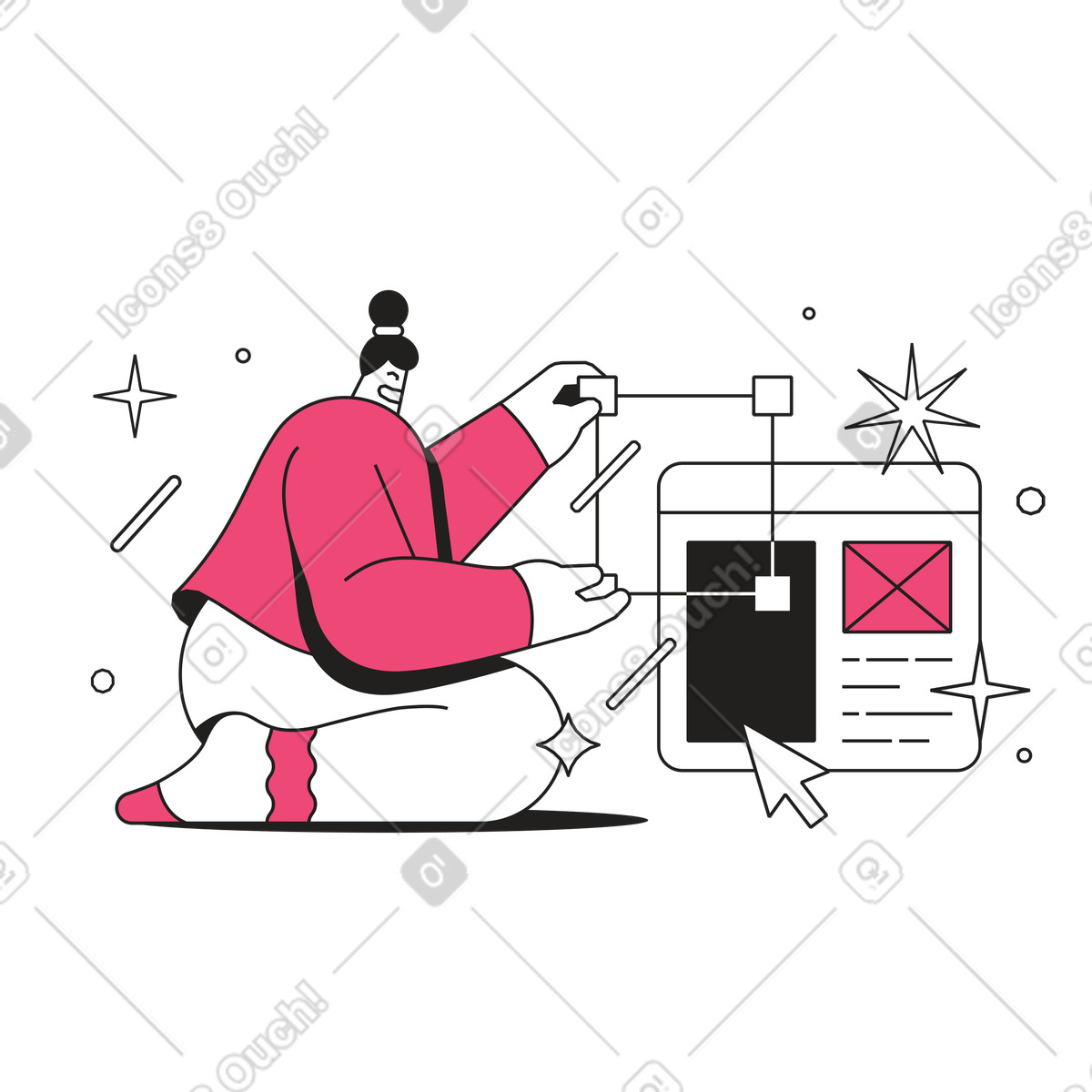 Woman designing website animated illustration in Dazzle Line style download in GIF, Lottie (JSON), AE