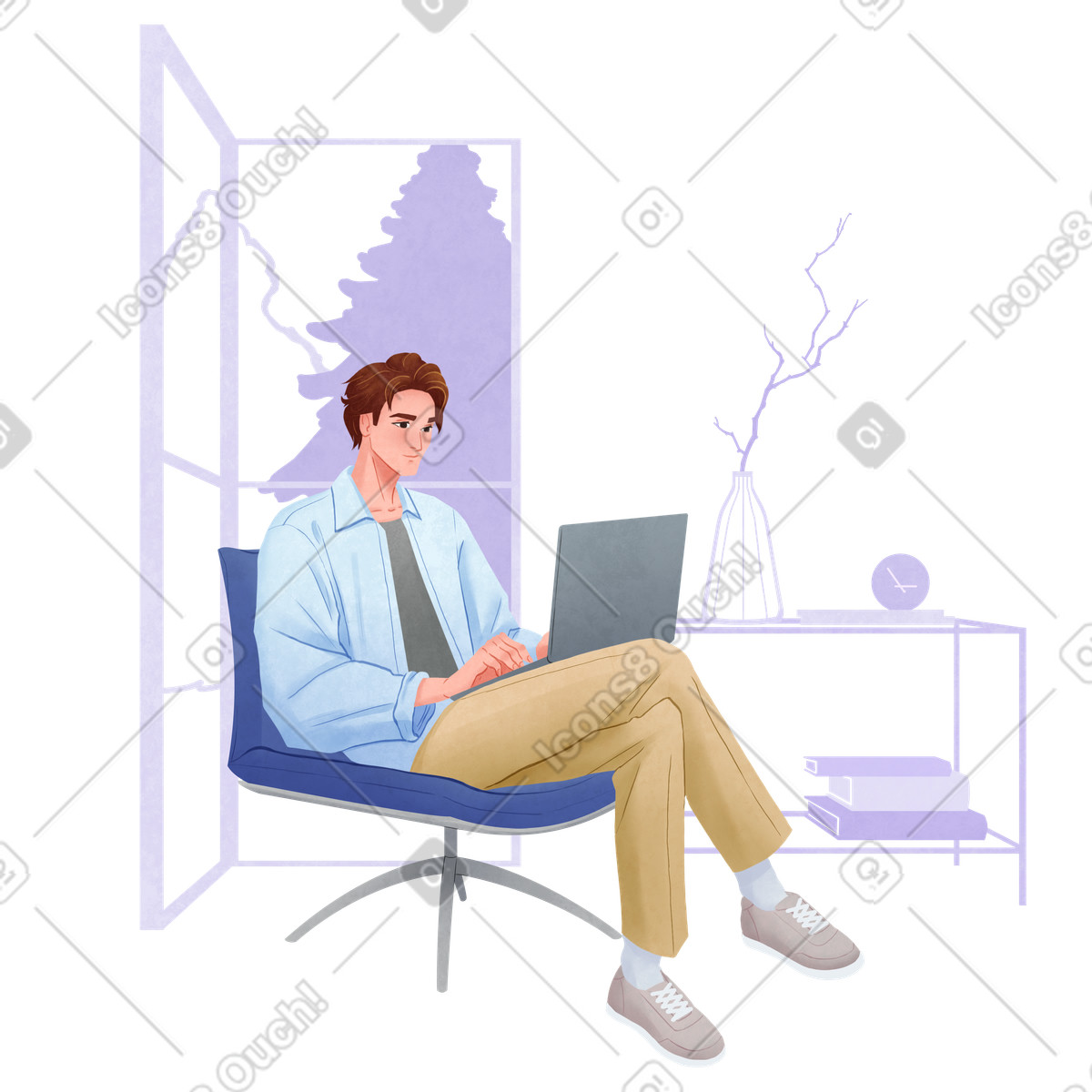 Man working with laptop sitting in chair illustration vector clipart graphics