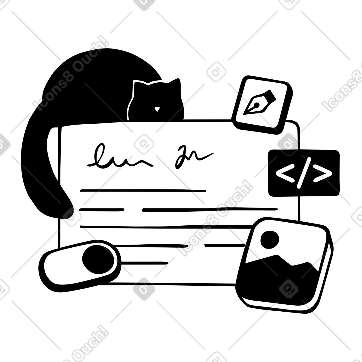 Web design tools and a sleeping cat animated illustration in GIF, Lottie (JSON), AE