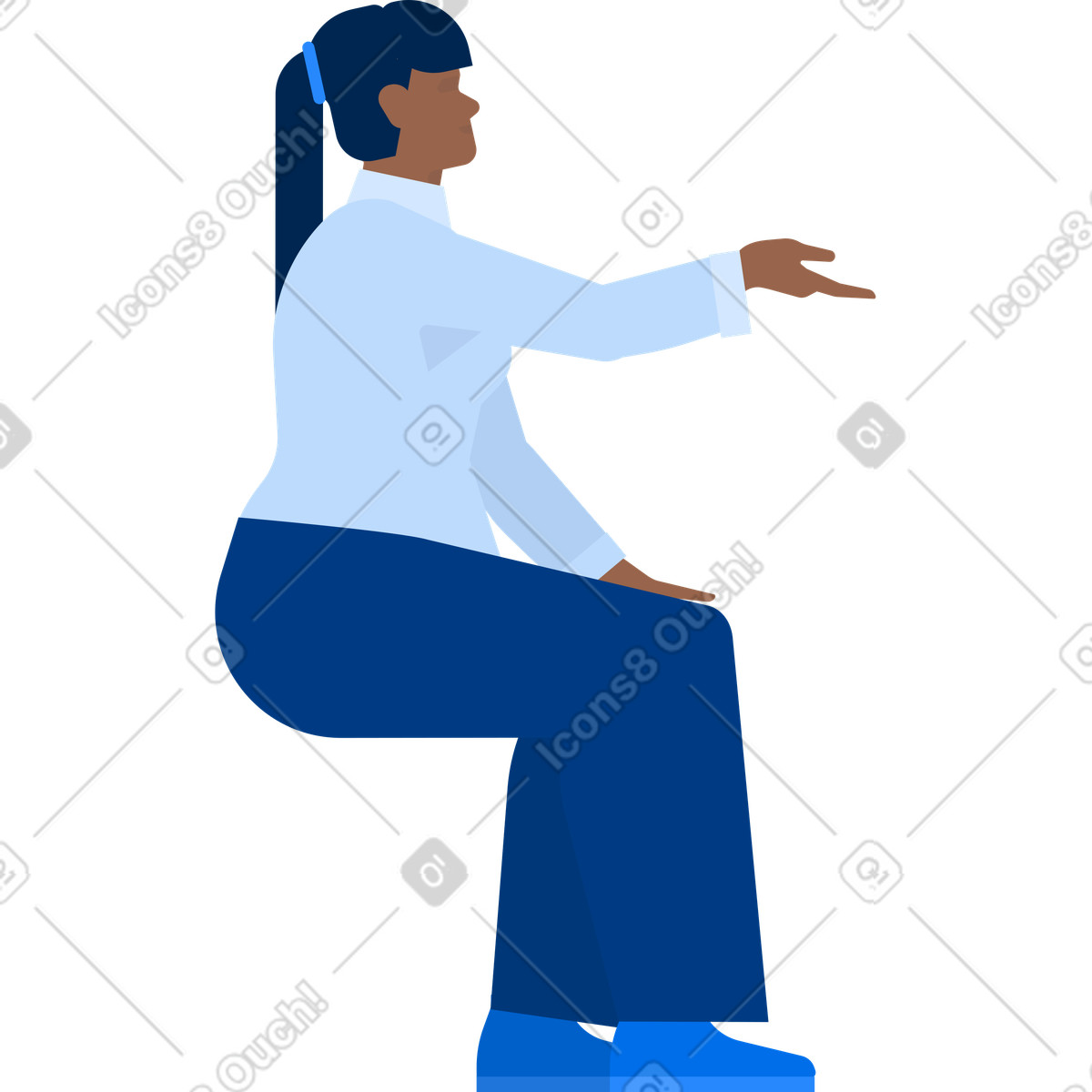 Ilustración Mujer sentada con camisa blanca levantando la mano palma hacia arriba en estilo Urban a descargar en PNG y SVG
