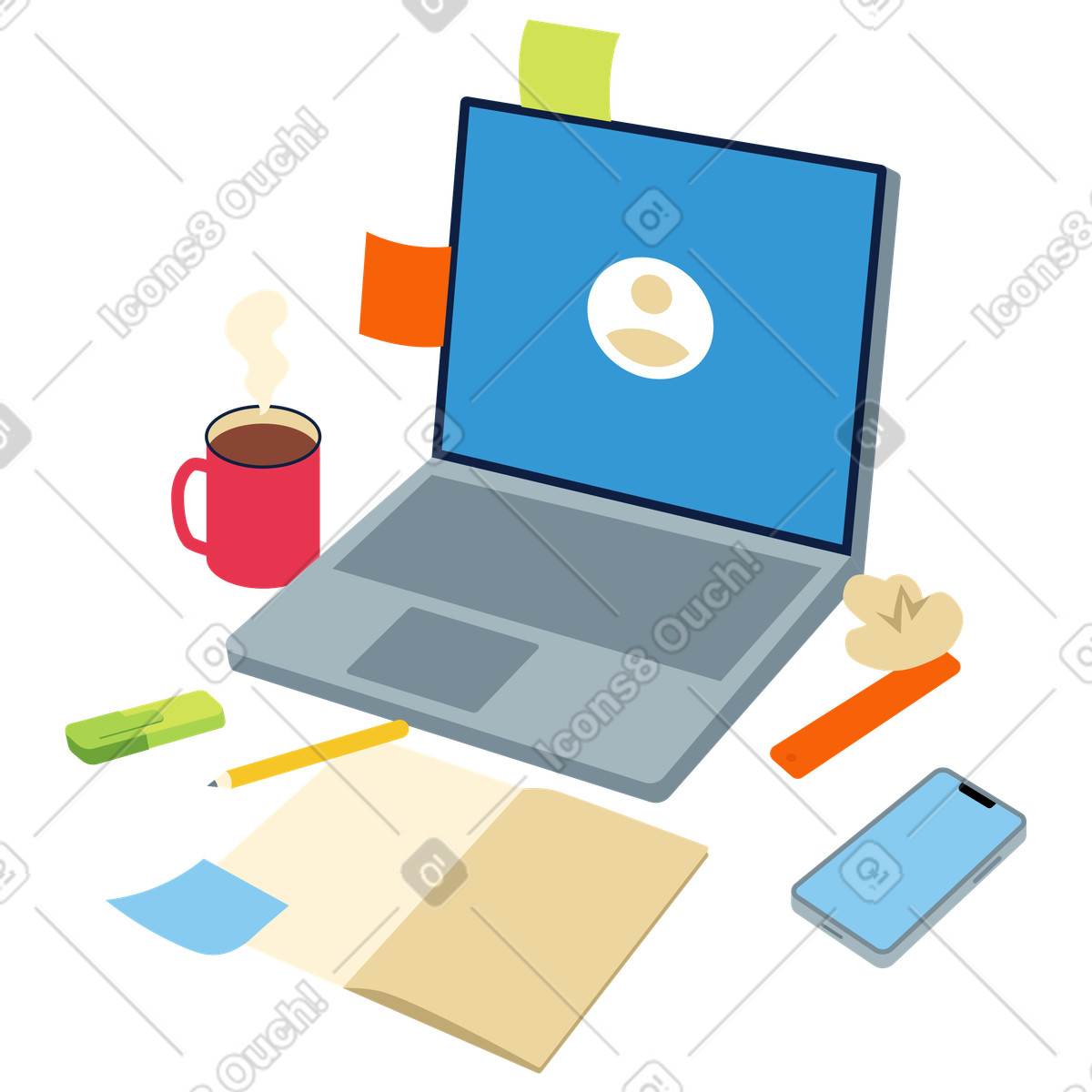 Workspace with laptop and stationery illustration in PNG, SVG