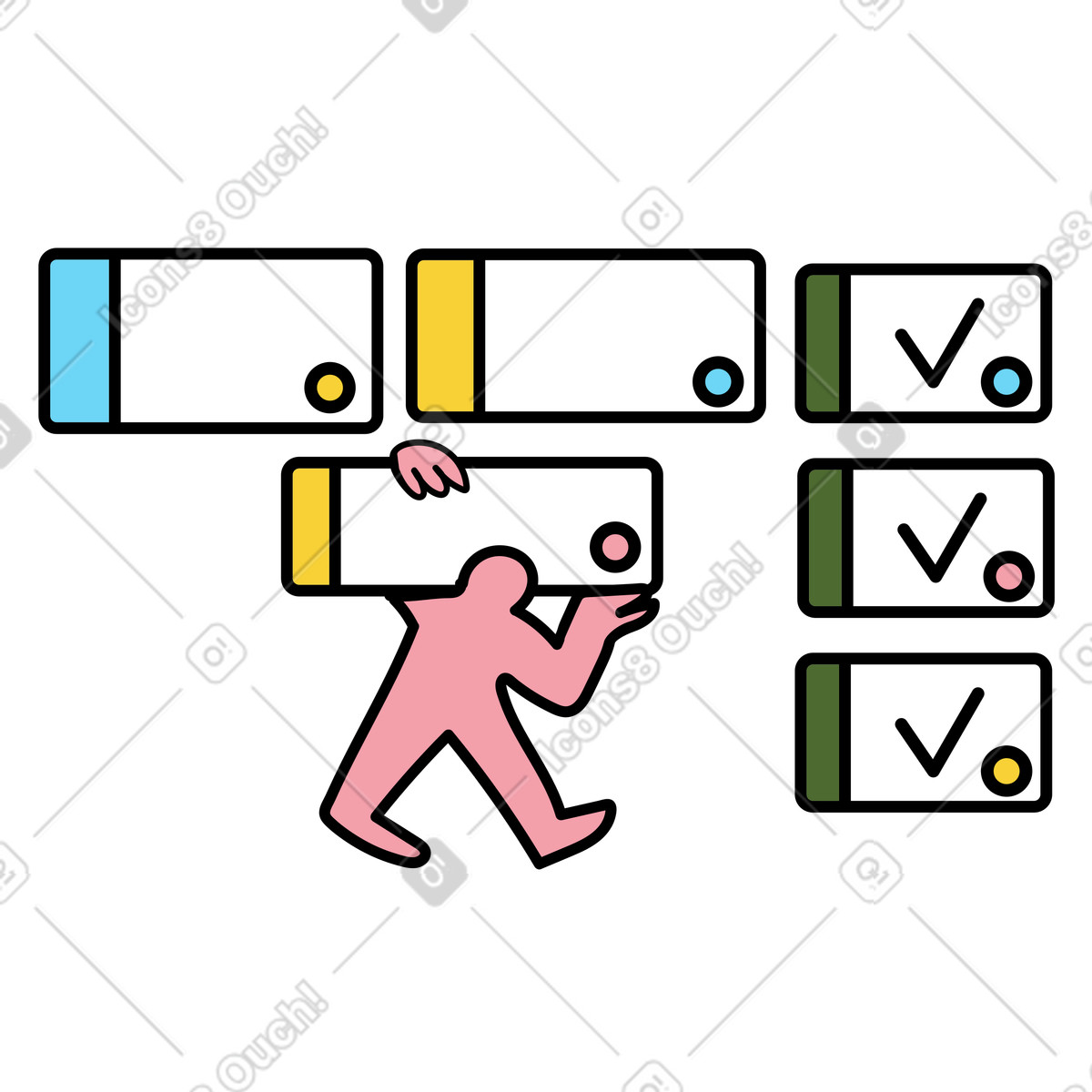 Moving tasks on a kanban board, Project management workflow illustration in Wiggle style download in PNG, SVG