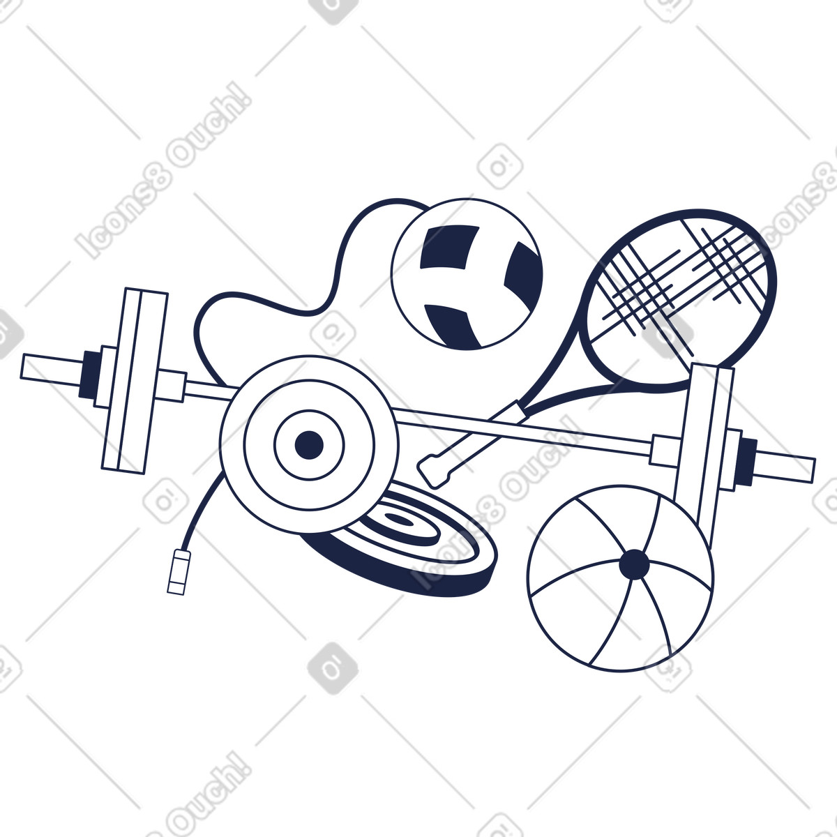 Dumbbell, tennis racket and balls illustration in Urban Line style download in PNG, SVG