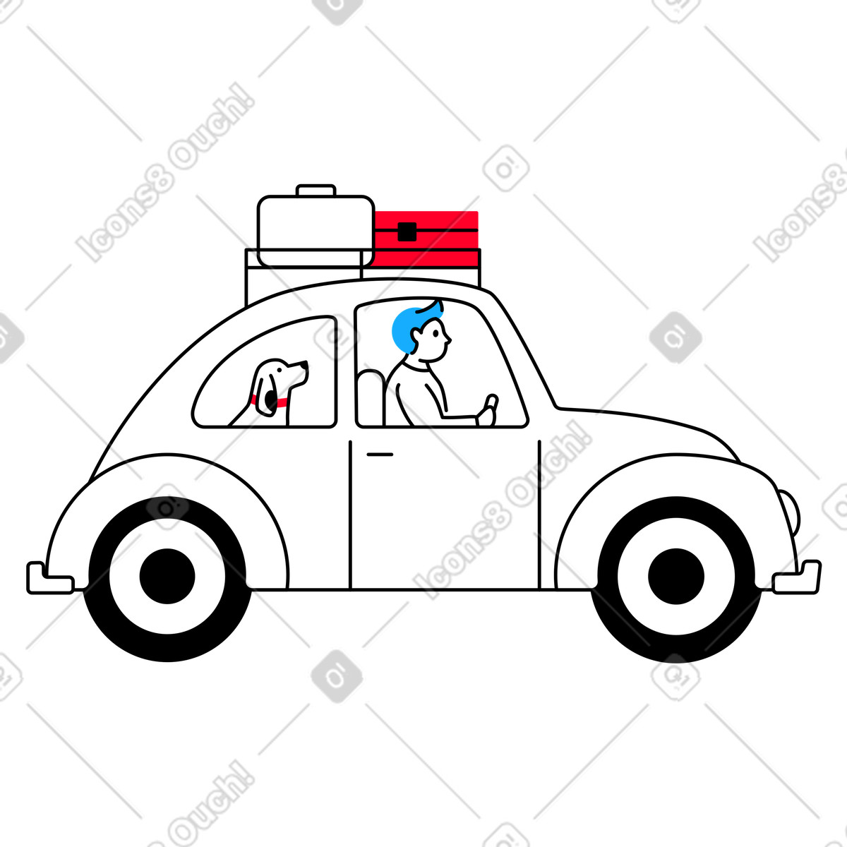 Illustration Homme voyageant en voiture avec un chien dans le style Transistor à télécharger aux formats PNG, SVG