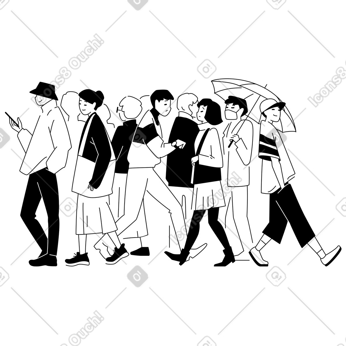 Weekday スタイルの Assorted crowd walking outside, Diverse city and street activity のイラストをPNG、SVG形式でダウンロード