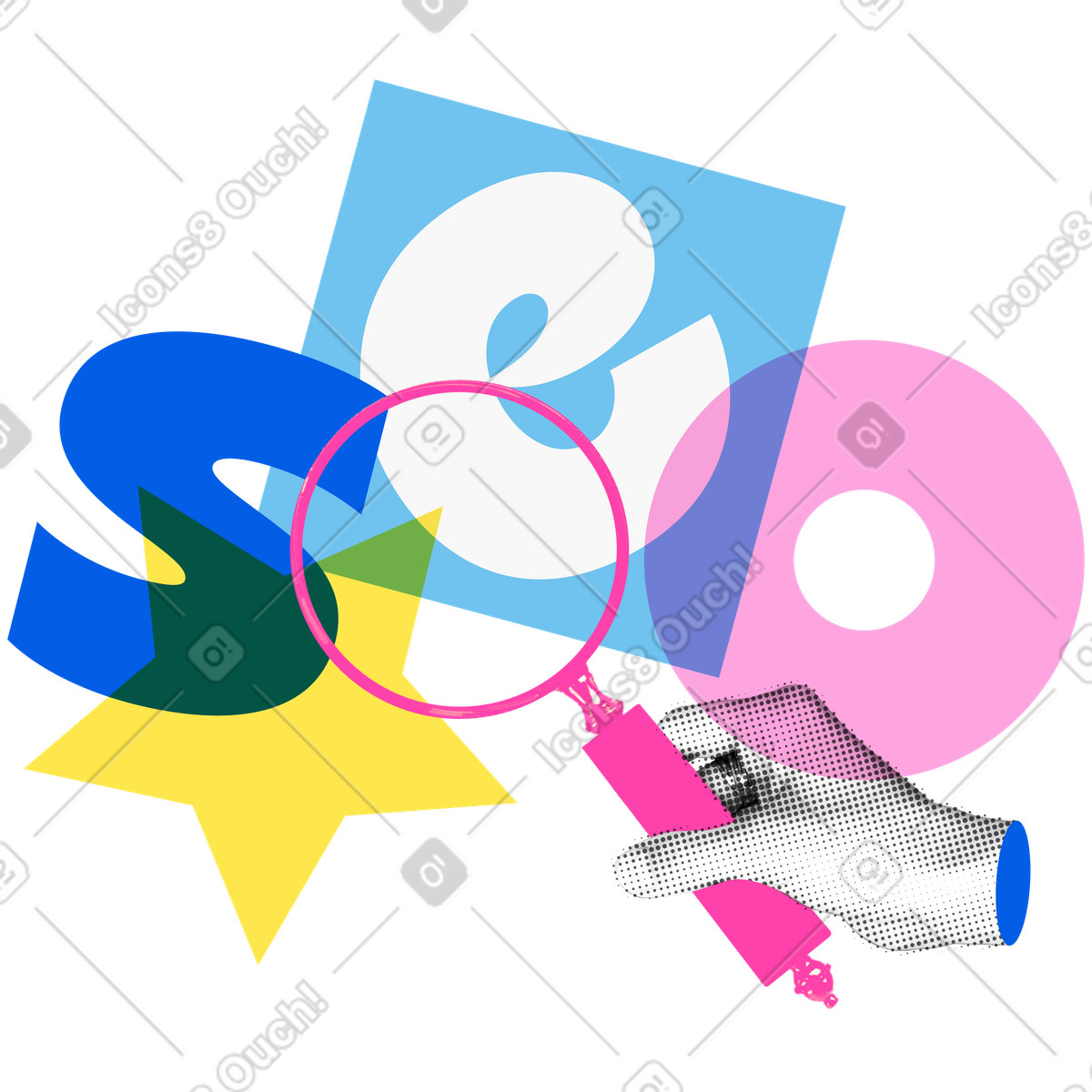 Lettering SEO with magnifier and star text illustration in PNG, SVG