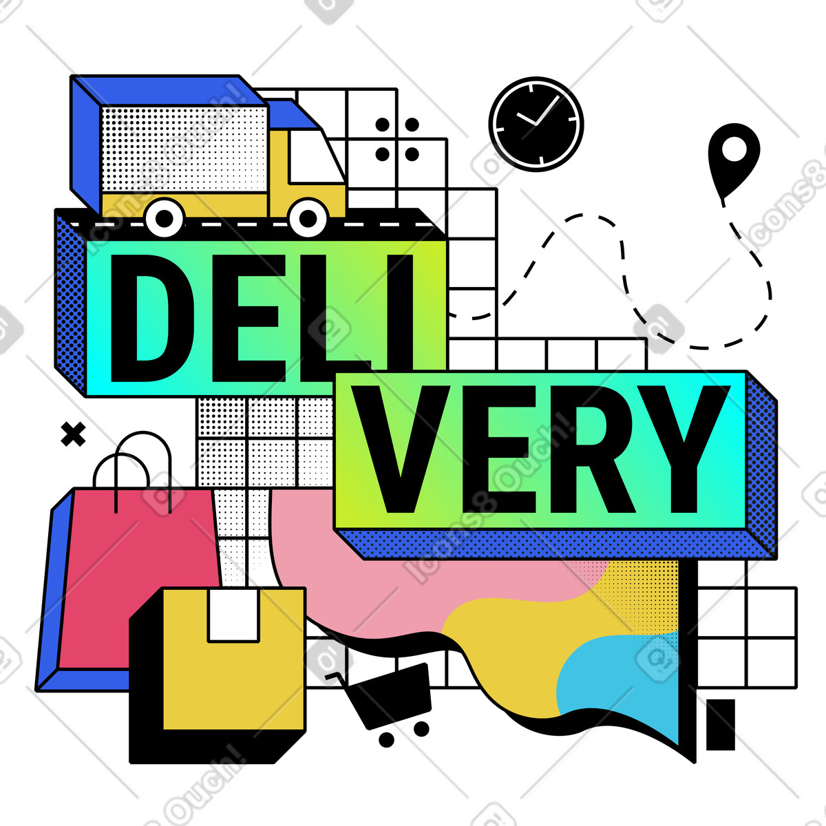 Memphis スタイルの Delivery service with vehicle and bags のアニメーションイラストをGIF、Lottie (JSON)、AEでダウンロード