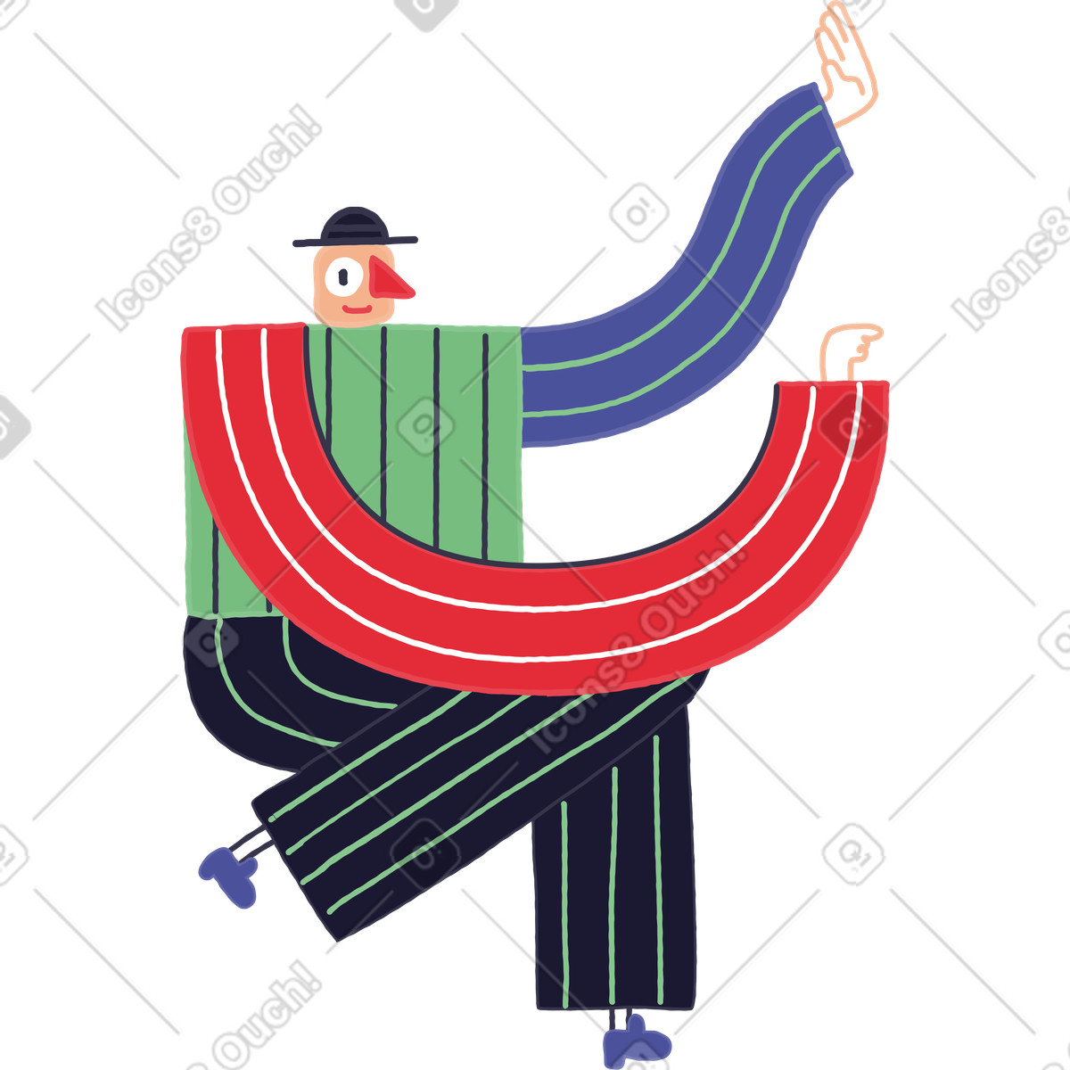Stripy スタイルの Seated man in hat with raised hands のイラストをPNG、SVG形式でダウンロード