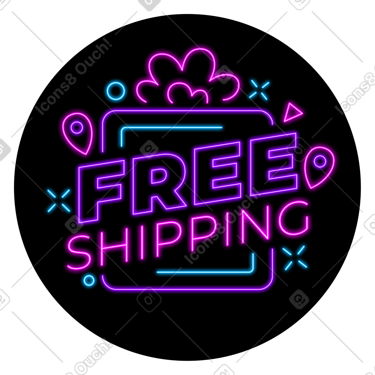 Ilustración Envío gratuito de letras en texto estilo neón con elementos decorativos. Lettering a descargar PNG y SVG