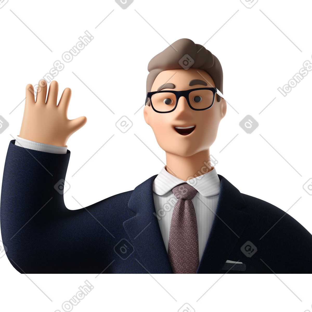 下载 3D Business 风格的 Close up of businessman in dark blue suit waving hello 插画，支持 PNG、SVG 格式