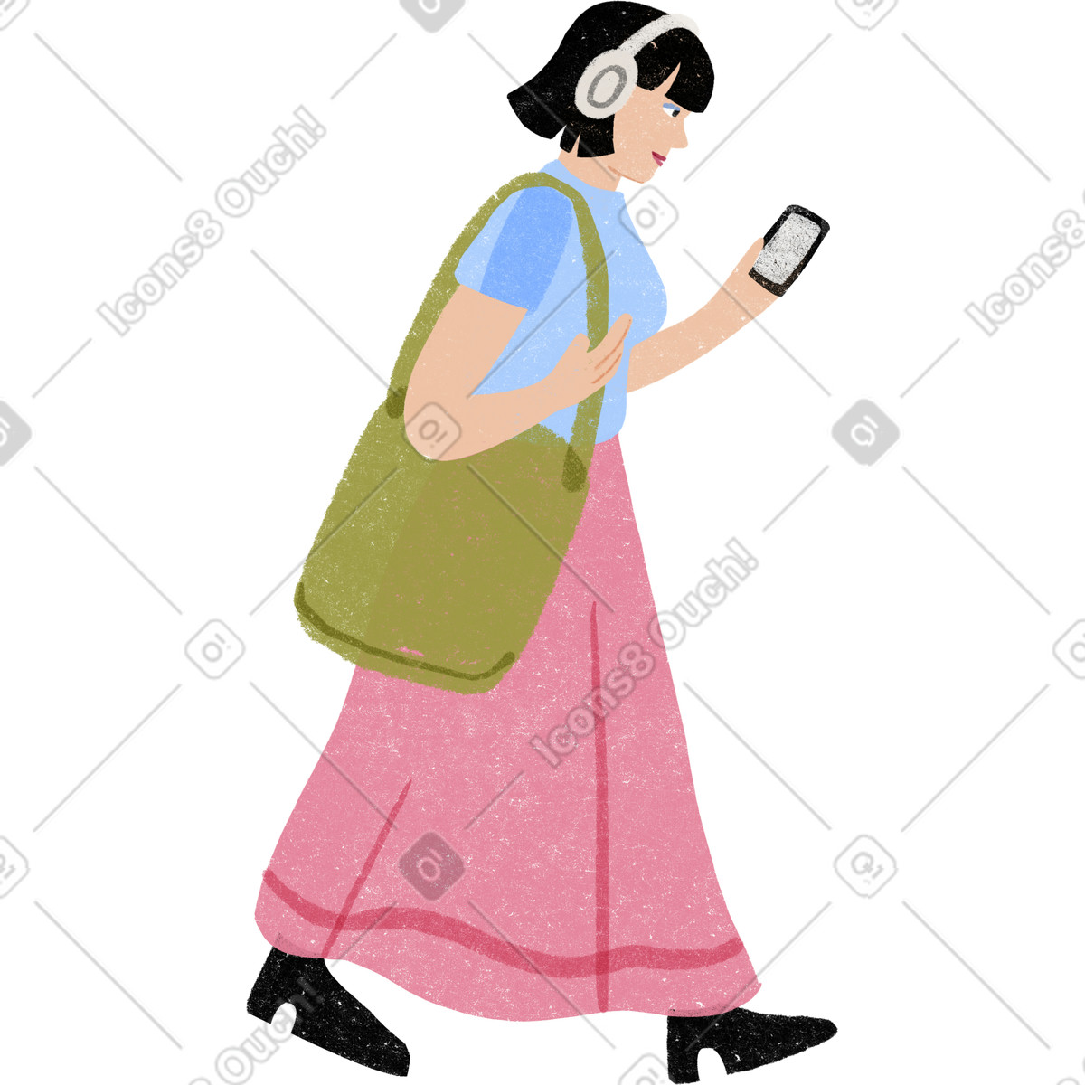 Public 스타일의 Girl in a skirt and headphone walking while looking at her phone 일러스트레이션 PNG, SVG 다운로드