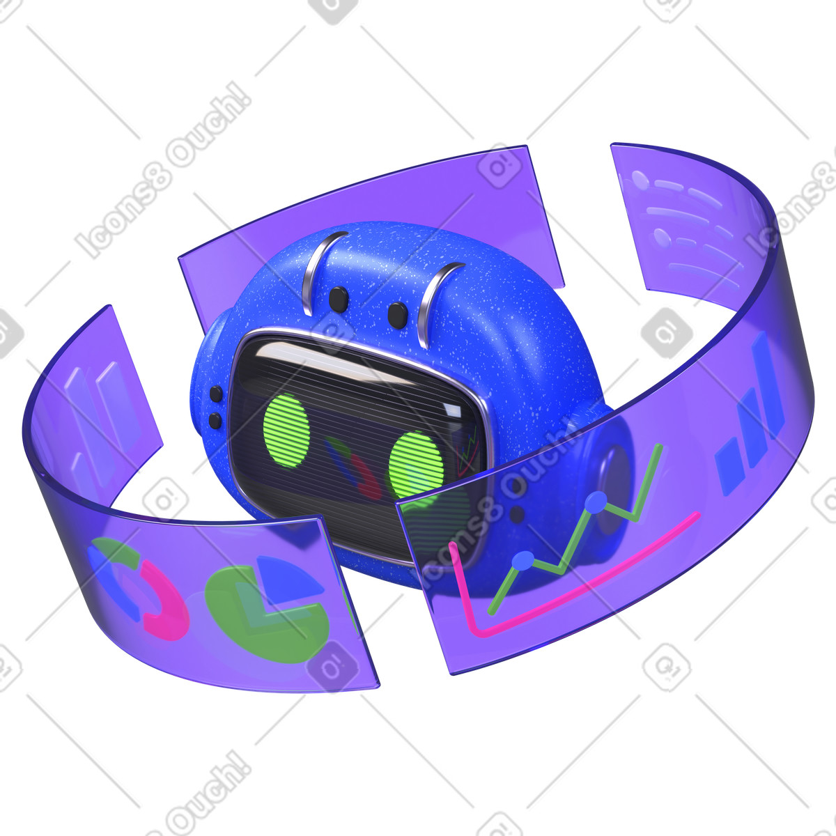 Futuristic AI bot with charts and graphs, Smart analytics for finance management illustration in 3D Boost style download in PNG, SVG