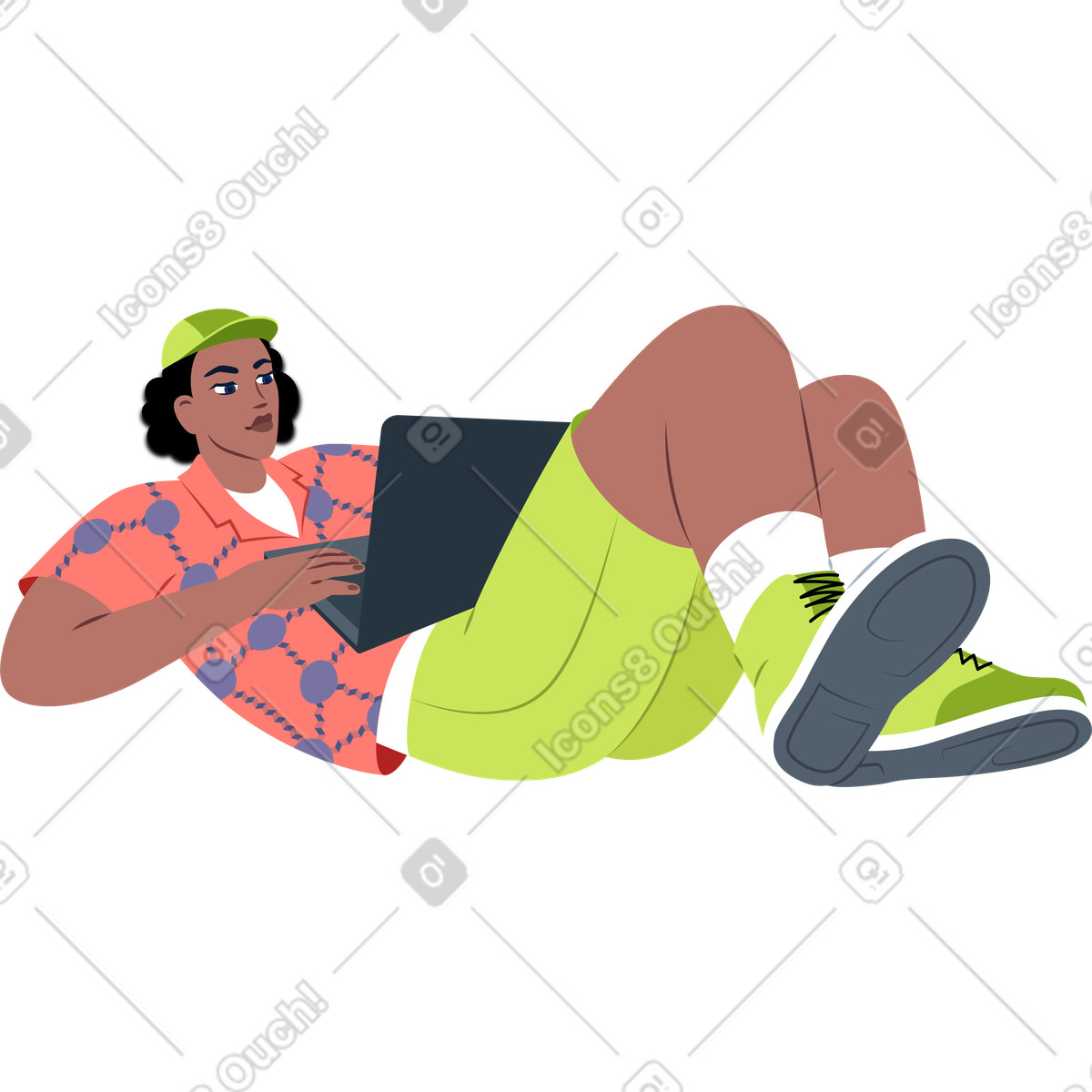 Ilustración Joven, con, un, computador portatil, mentira en estilo Everyday a descargar en PNG y SVG