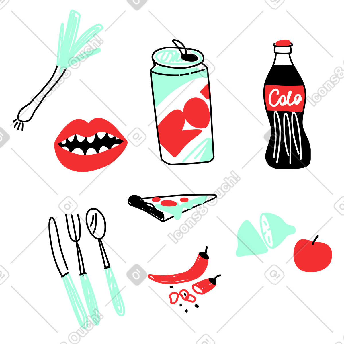 Ingredienti, bibite e posate illustrazione in stile Spicy scarica in PNG, SVG