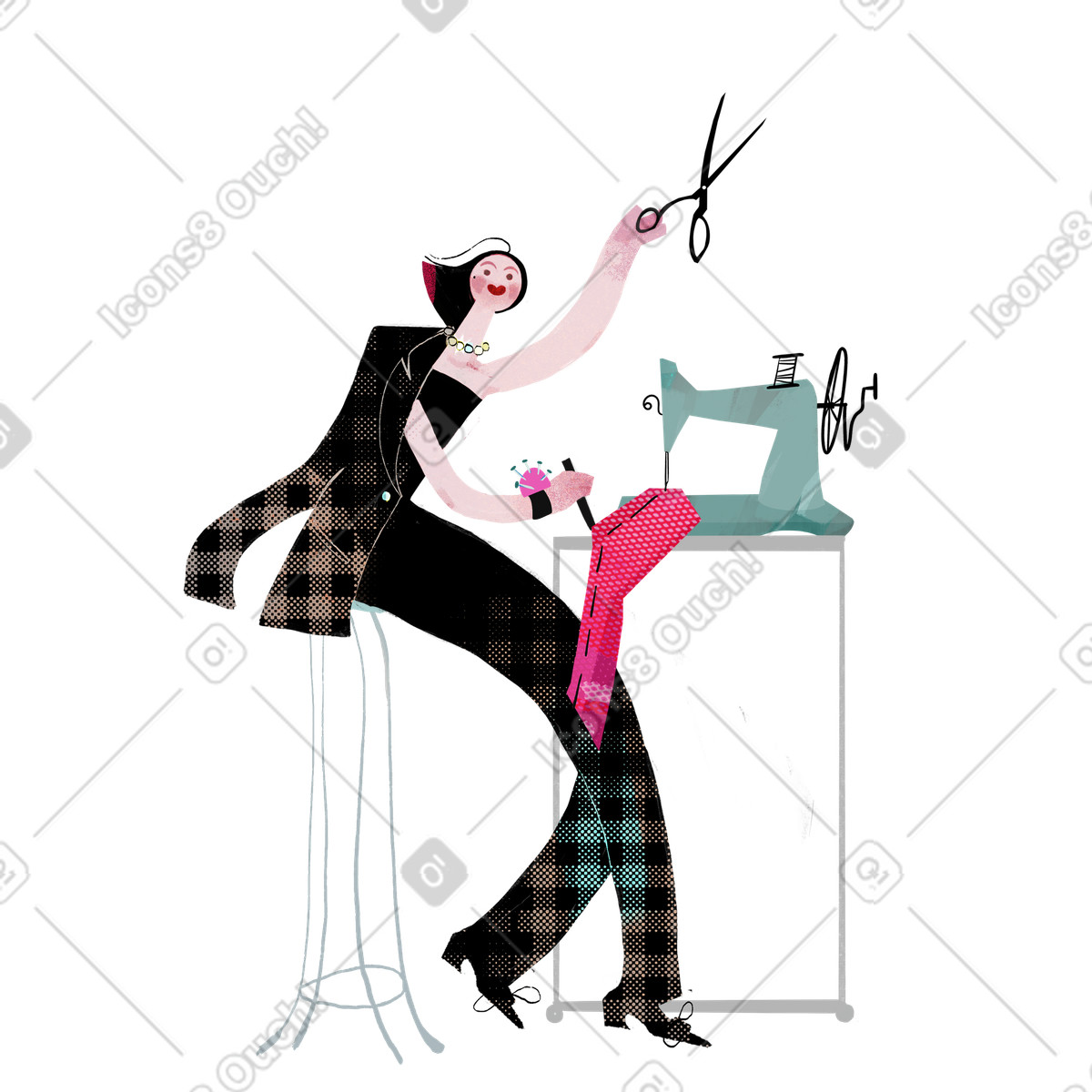 Seamstress sewing clothes with scissors in hand illustration Fabulous style download PNG, SVG