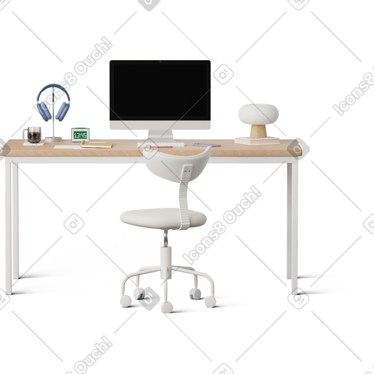 Front view of office desk illustration in 3D Hygge style download in PNG, SVG