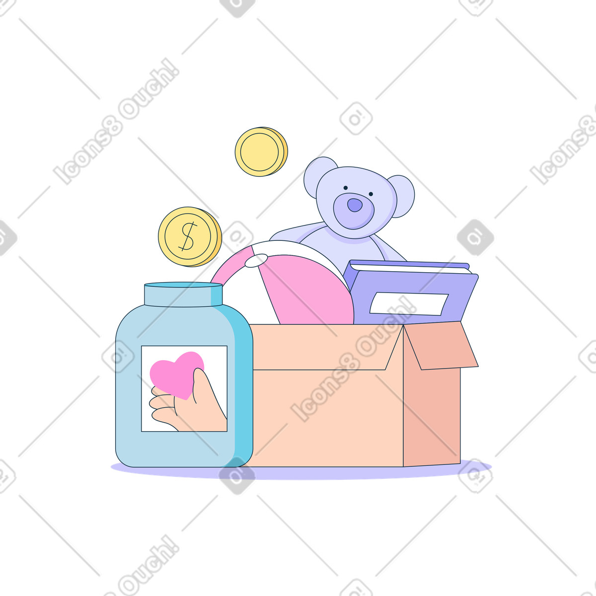 Charity box and donation jar illustration in PNG, SVG
