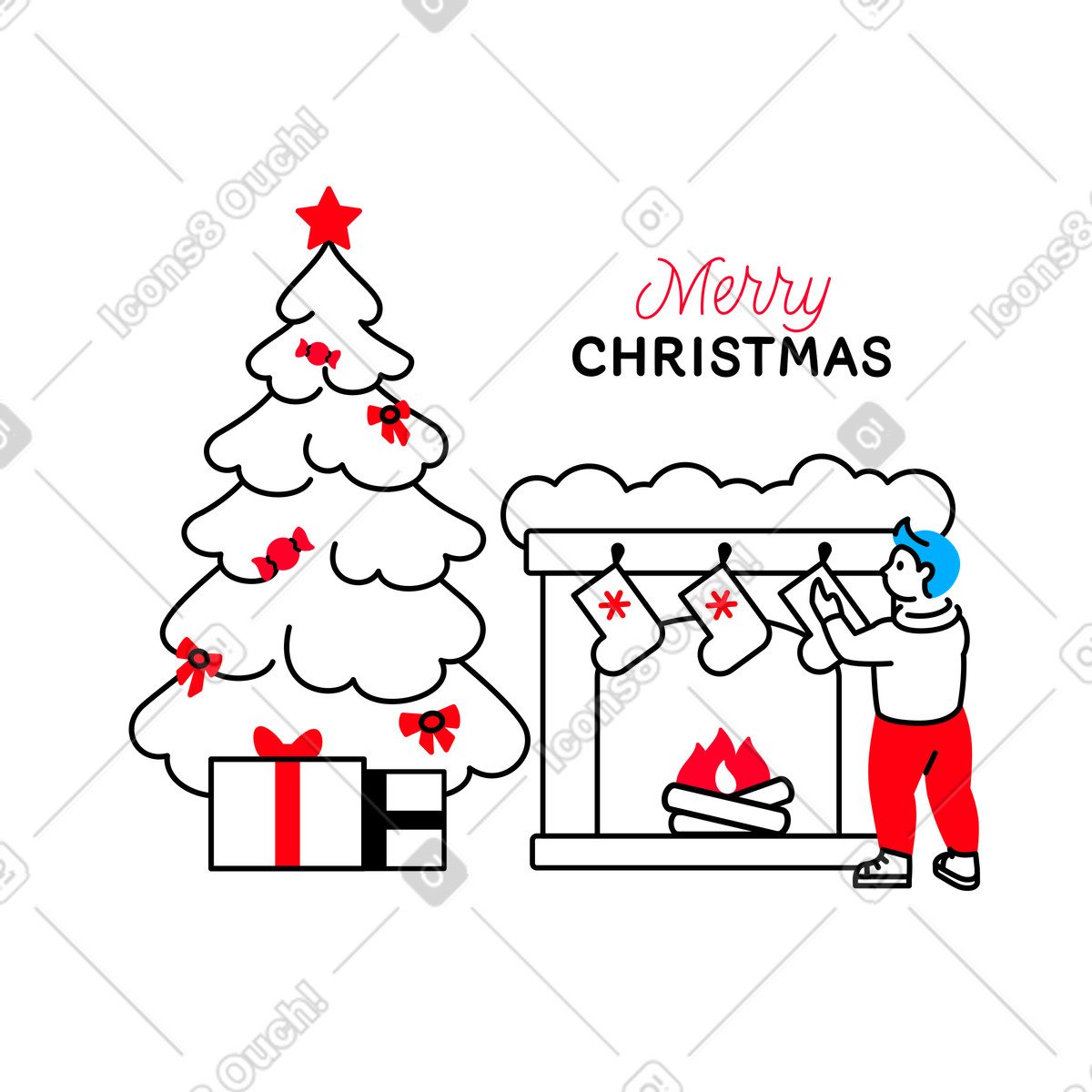 Ilustración Letras de feliz navidad y niño decorando la chimenea con medias en estilo Transistor a descargar en PNG SVG