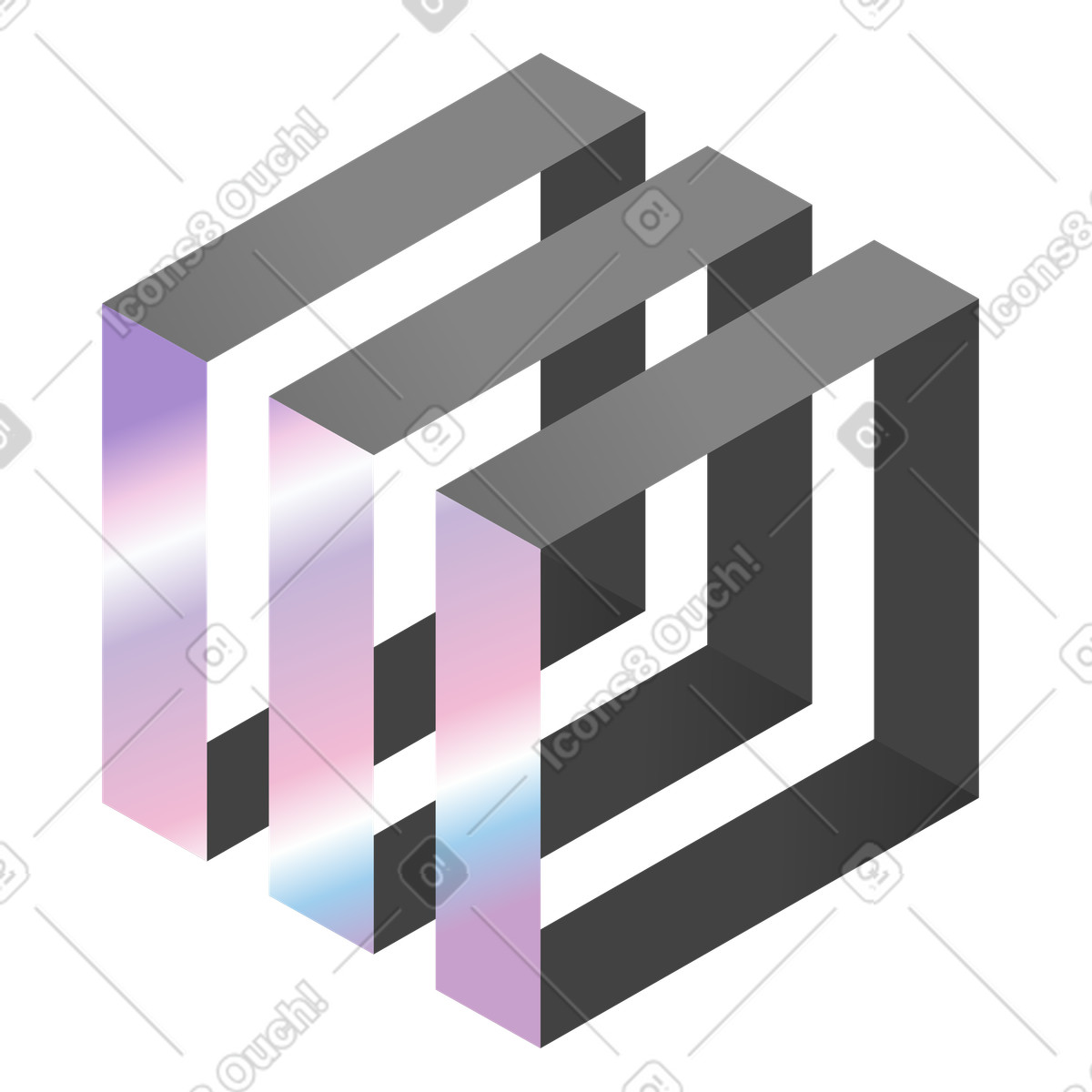 Three isometric hollow squares illustration in Illusion style download in PNG, SVG