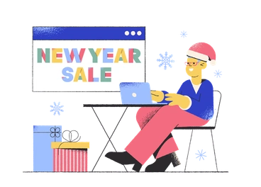 A man celebrating New Year with a laptop - Pablo style illustration