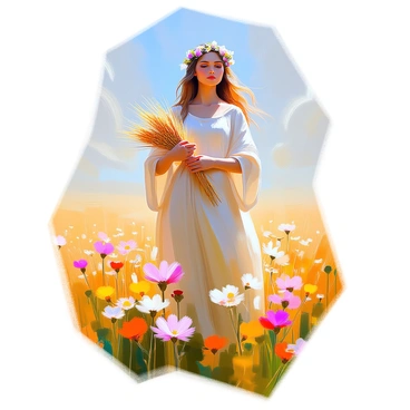 An ethereal goddess representing "Virgo" stands gracefully among fields of golden wheat and vibrant flowers. She has flowing hair that cascades down her shoulders, adorned with a delicate crown of blossoms. Her attire is composed of soft, flowing fabrics that shimmer in the light, reflecting shades of earthy greens and soft yellows. The goddess holds a sheaf of wheat in one hand, symbolizing harvest and abundance. Around her, various flowers bloom in a riot of colors, adding a sense of life and beauty to the scene. The background is filled with a clear blue sky, allowing soft sunlight to illuminate her figure and the surrounding flora.