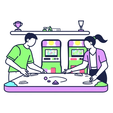 Two friends are standing at an air hockey table in a vibrant indoor arcade. One friend has short hair and is wearing a bright shirt, while the other has long hair tied back in a ponytail and is dressed in a casual top. The table is illuminated with colorful lights around the edges, and they are intensely focused on the puck that is sliding rapidly across the table. There are several arcade machines visible in the background, each featuring bright colors and screens displaying various games. A trophy can be seen on a shelf nearby, emphasizing the competitive atmosphere.