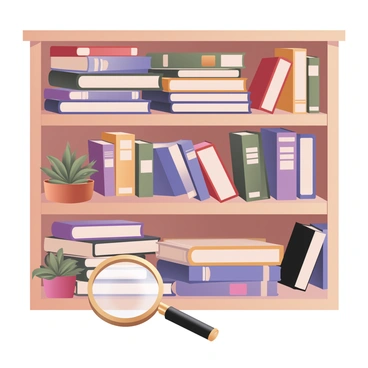 A digital flat illustration featuring an entire bookshelf filled with various colorful ledger books stacked neatly. The ledger books come in shades of red, blue, green, yellow, and purple, with some having intricate patterns on their covers. There is a large, vintage magnifying glass resting on top of the ledgers in the foreground, with a brass handle that reflects light. The background is filled with the wooden texture of the bookshelf, giving a warm and inviting atmosphere. A small potted plant sits on the shelf beside the ledger books, adding a touch of greenery.