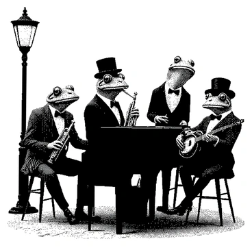 A group of frogs in dapper 1920s attire is playing various instruments in a jazz band. One frog is wearing a pinstripe suit and a bow tie, holding a trumpet, while another frog, dressed in a tailcoat and a top hat, plays the piano. A third frog, adorned with a vest and a fedora, is strumming a banjo. They are gathered around a vintage streetlamp that casts a warm glow over the scene. The frogs exhibit animated expressions as they enjoy their performance together. The setting features an urban sidewalk with a cobblestone texture, enhancing the lively atmosphere of the jazz band.