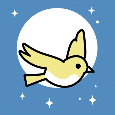 A lark flying against a full moon backdrop, with stars twinkling around.