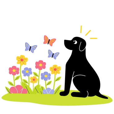 A black Labrador dog with a shiny coat is sitting on a green lawn, attentively watching colorful butterflies fluttering around a vibrant garden. The garden is filled with blooming flowers in various shades, such as red, yellow, and purple. Several butterflies with intricate patterns are flying gracefully around the flowers. The dog has its ears perked up and eyes wide open, displaying a sense of curiosity. Sunlight is shining down, highlighting the dog's sleek fur and the vivid colors of the flowers and butterflies.